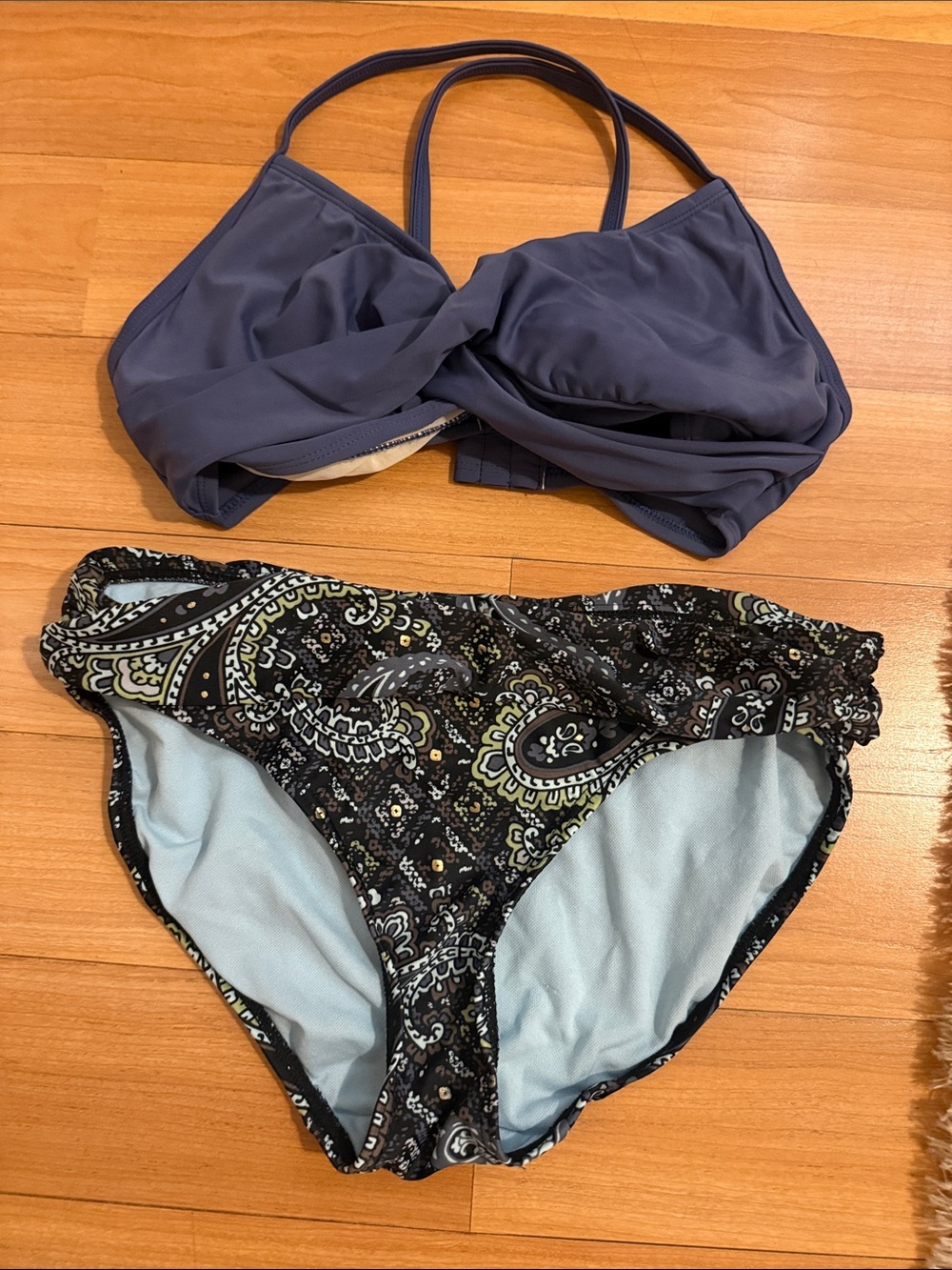 Athleta Slate Blue Twist-Front Bikini Top & Black Paisley Bottom